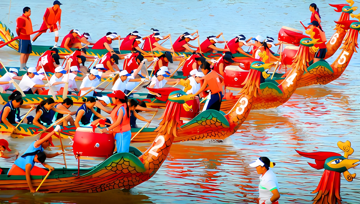 图片展示了五条色彩鲜艳的龙舟在水面上竞赛，船上队员们齐心协力，奋力划桨，旁边有裁判监督比赛。