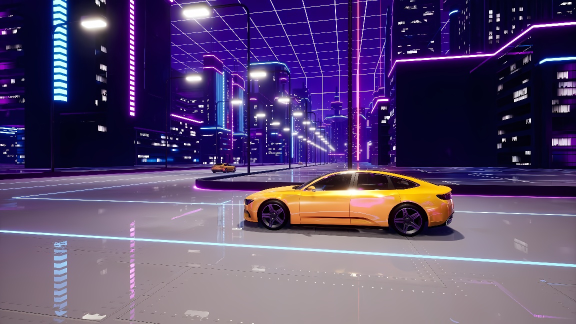 这是一幅未来城市的概念图，展示了一辆黄色轿车停在有着霓虹灯和数字网格的街道上，周围是高耸的摩天大楼。