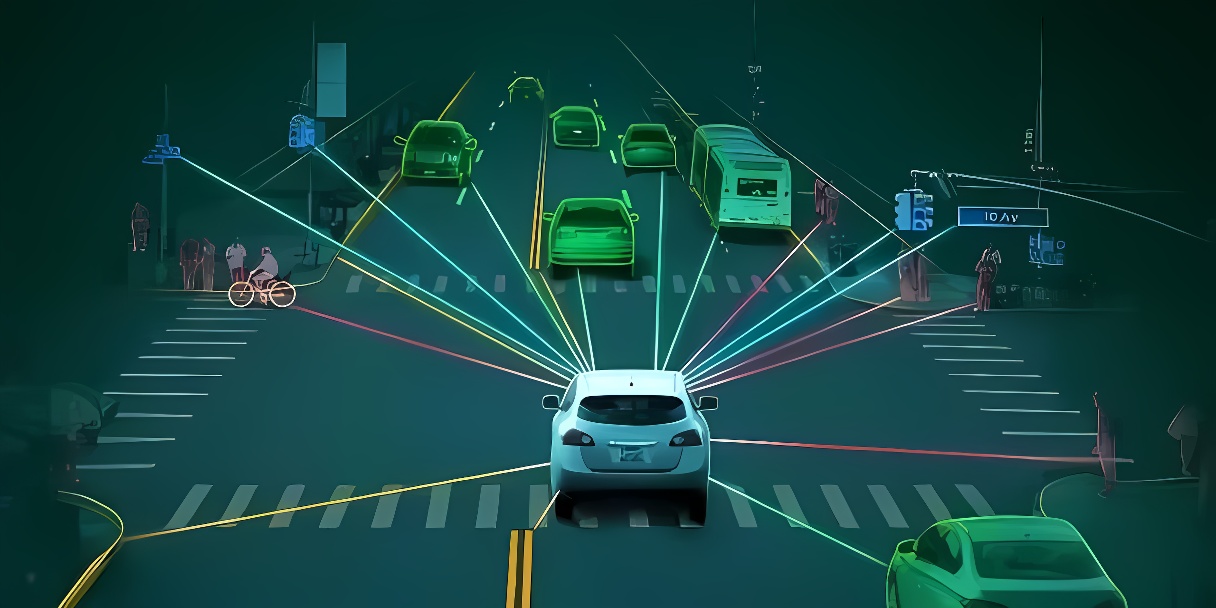 图片展示了一辆自动驾驶汽车在交通路口，通过传感器和算法感知周围环境，包括其他车辆、行人和交通信号。