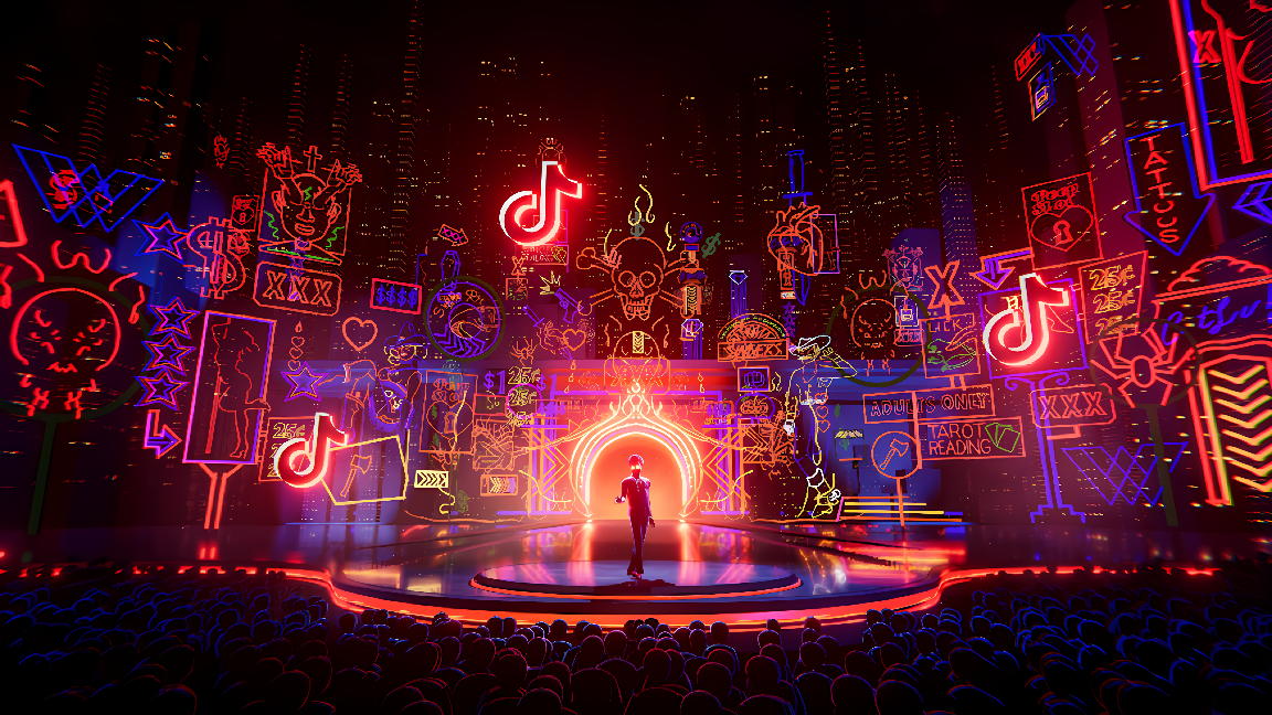 这是一张充满霓虹灯效果的现代舞台图片，舞台上有人表演，周围是热情的观众和五彩缤纷的装饰图案。