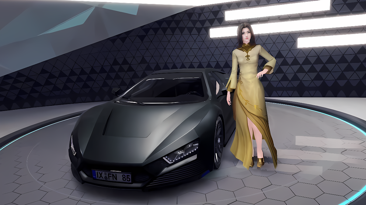 图片展示了一位穿着黄色长裙的女士靠在一辆黑色的现代跑车旁，背景是科幻风格的室内车库。