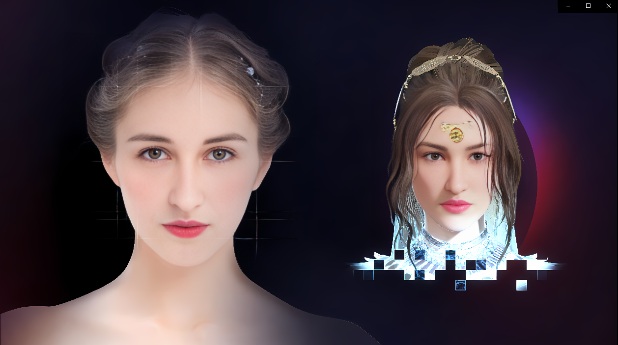 图片展示了两个女性的脸部合成图，左侧是真实女性，右侧则是数字化、部分像素化的形象，带有异域风情的装饰。