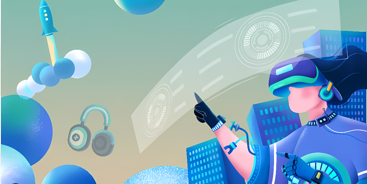 图片展示一位戴着虚拟现实眼镜的人物正在用手势操控虚拟界面，背景有火箭和星球，科技感十足。