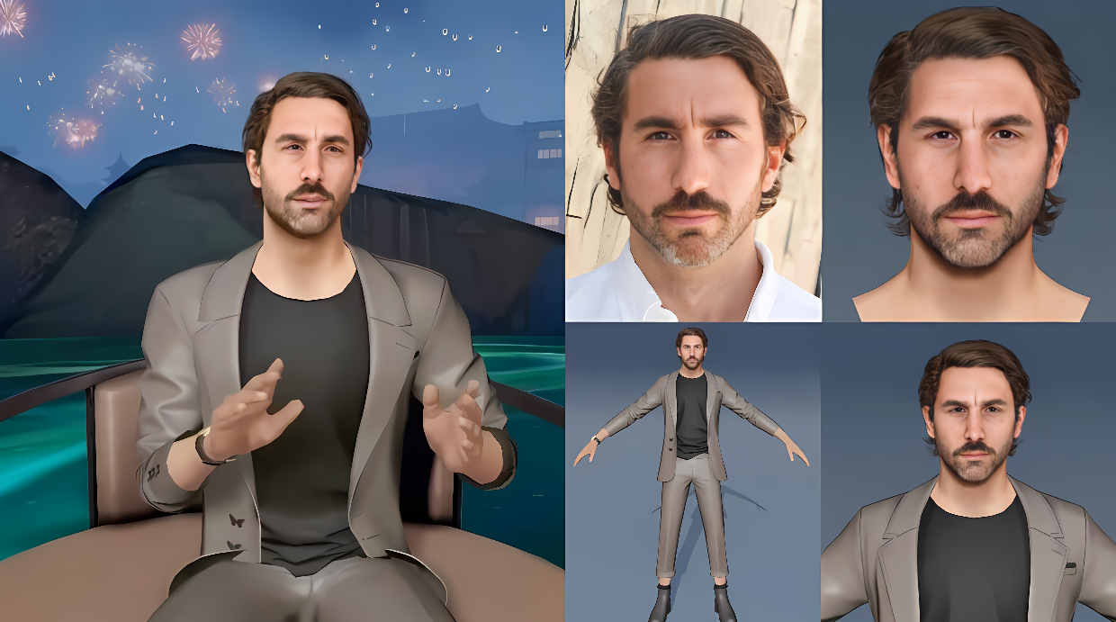 图片展示了同一男子的四种不同造型，包括正装坐姿和站立姿态，以及两种不同表情的面部特写。背景有烟花和山脉。