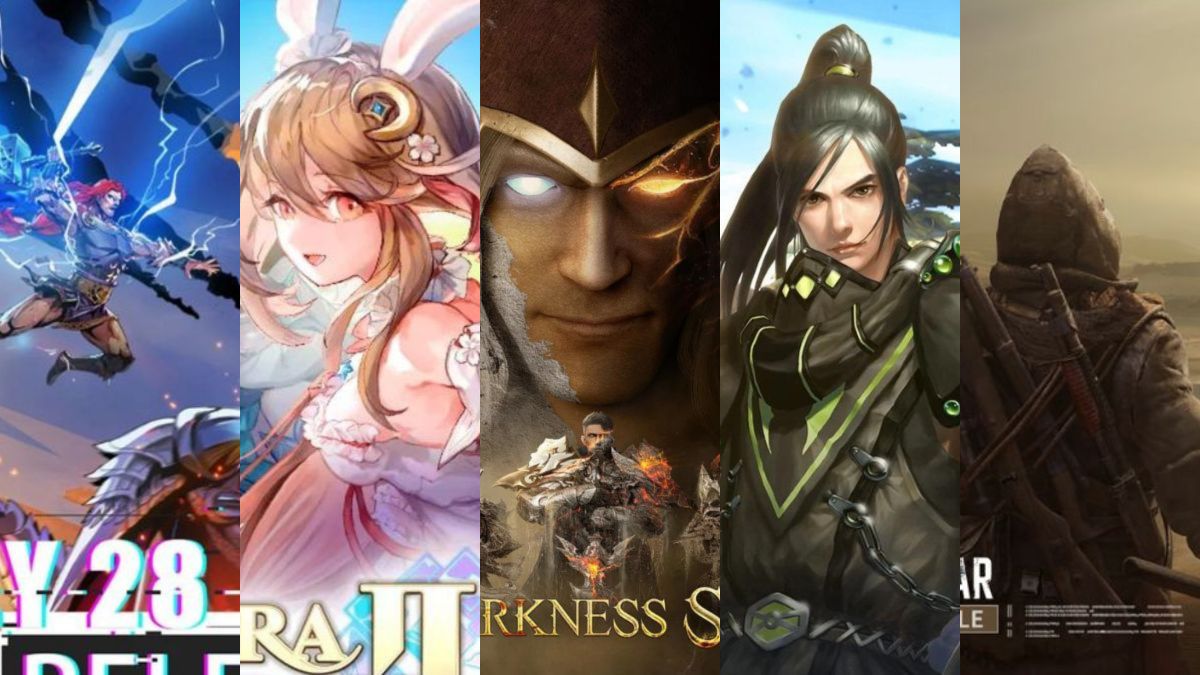 图片展示了四个不同风格的游戏海报，包含动漫风格的角色、神秘面具人、黑衣女战士和身披斗篷的人物。