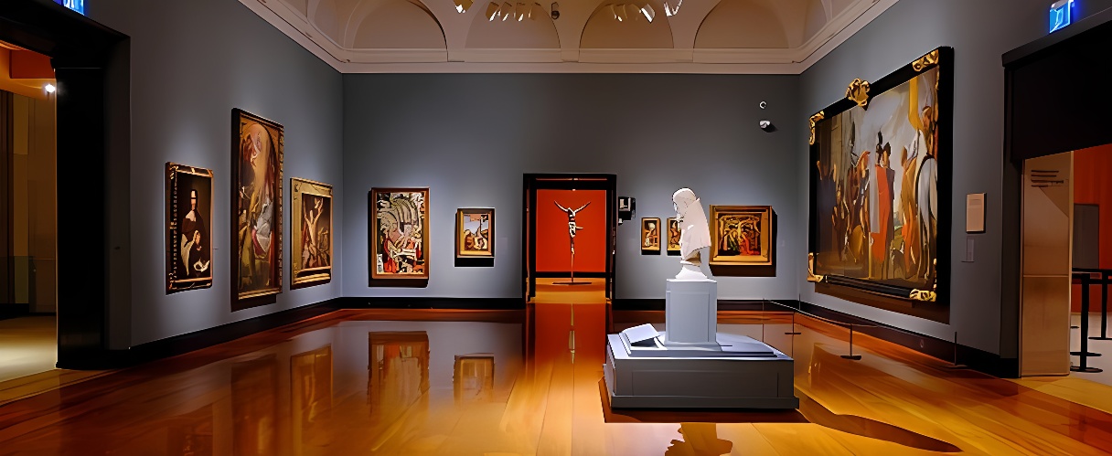 这是一间艺术博物馆内部，墙上挂有多幅画作，中间展示一尊雕塑，照明柔和，环境庄重典雅。