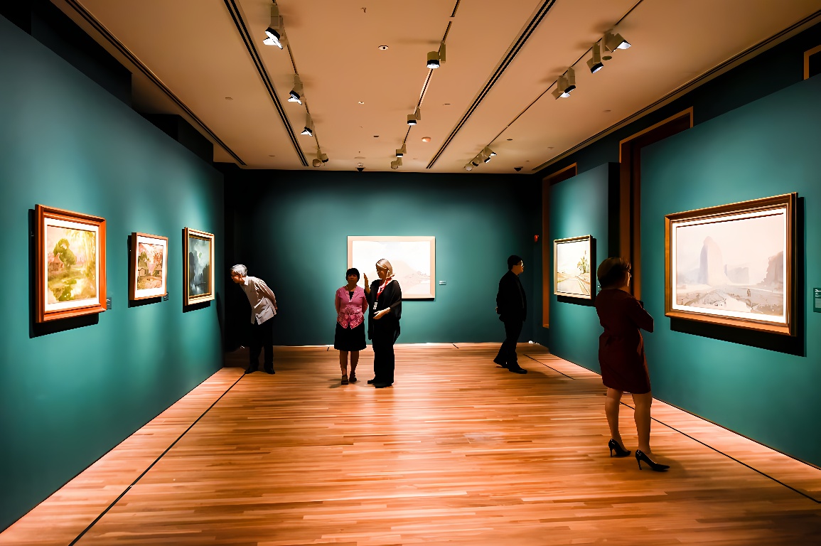 图片展示了几位观众在画廊内欣赏挂在深色墙壁上的多幅画作，画廊内部装饰简洁，氛围庄重。