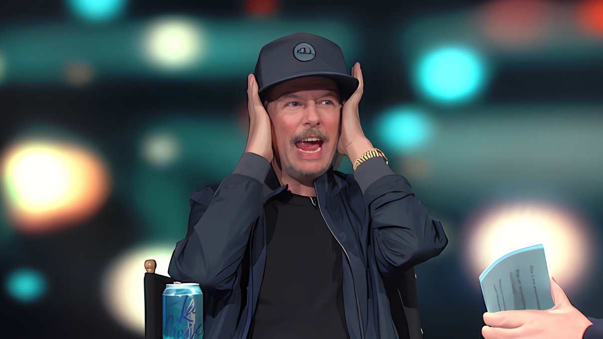 图片展示一位戴着帽子的男士，表情惊讶，双手抱头，身旁有一罐饮料和一张蓝色的卡片。