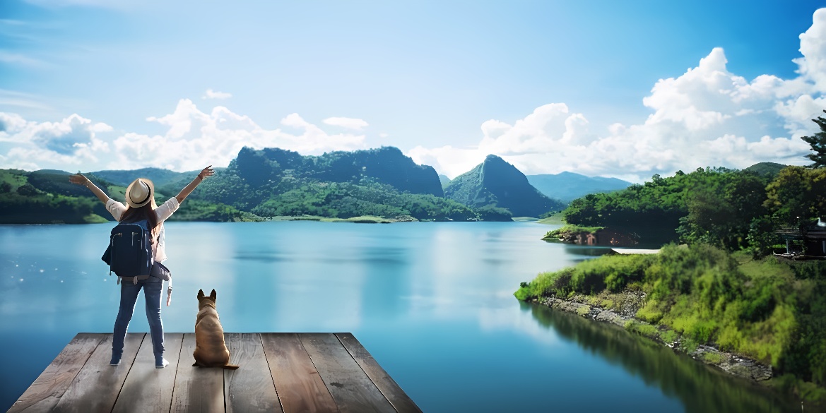 一位戴帽子的旅行者背对镜头，伸开双臂，站在湖边的木平台上，旁边是一只坐着的狗，远处是山丘和晴朗的天空。