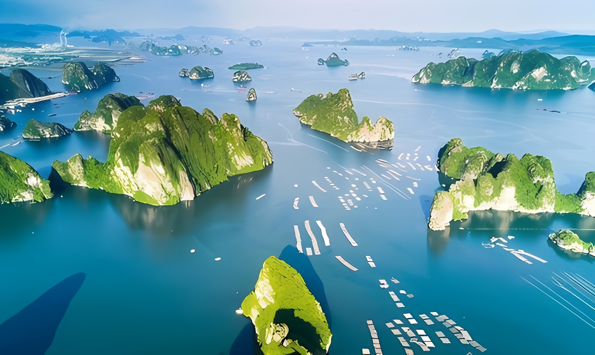 这是一张海上岛屿的航拍照片，显示了若干翠绿的岛屿和周围的蓝色海水，以及一些船只在水面上行驶。