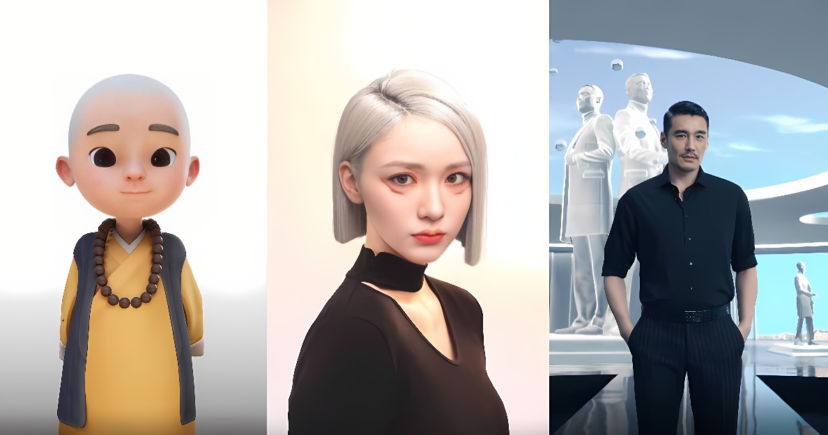 图片展示了三个不同风格的人物：一位卡通风格的小和尚，一位现代风格的年轻女性，以及一位站在雕塑前的现代男性。