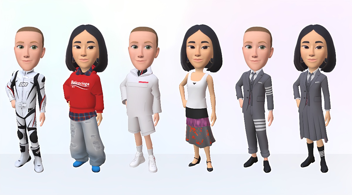 图片展示了七个卡通风格的虚拟人物，他们穿着不同风格的服装，从休闲到正式，站成一排。