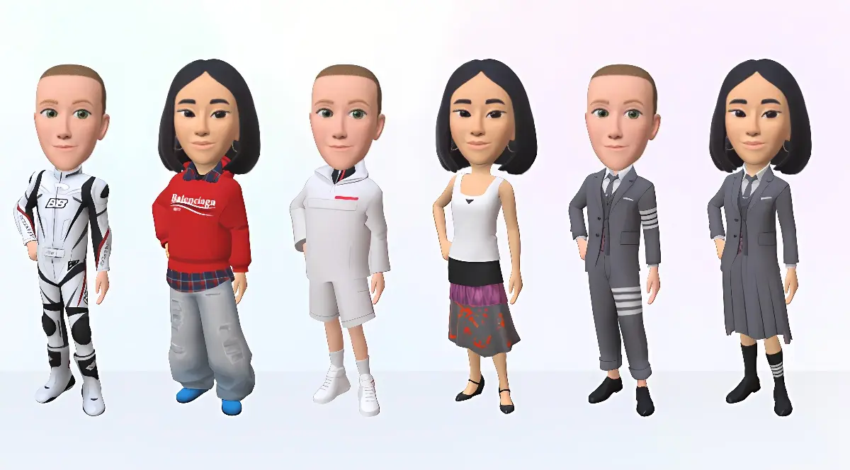 图片展示了七个卡通风格的虚拟人物，他们穿着不同的服装，从正装到休闲装，站成一排，呈现多样化的造型。