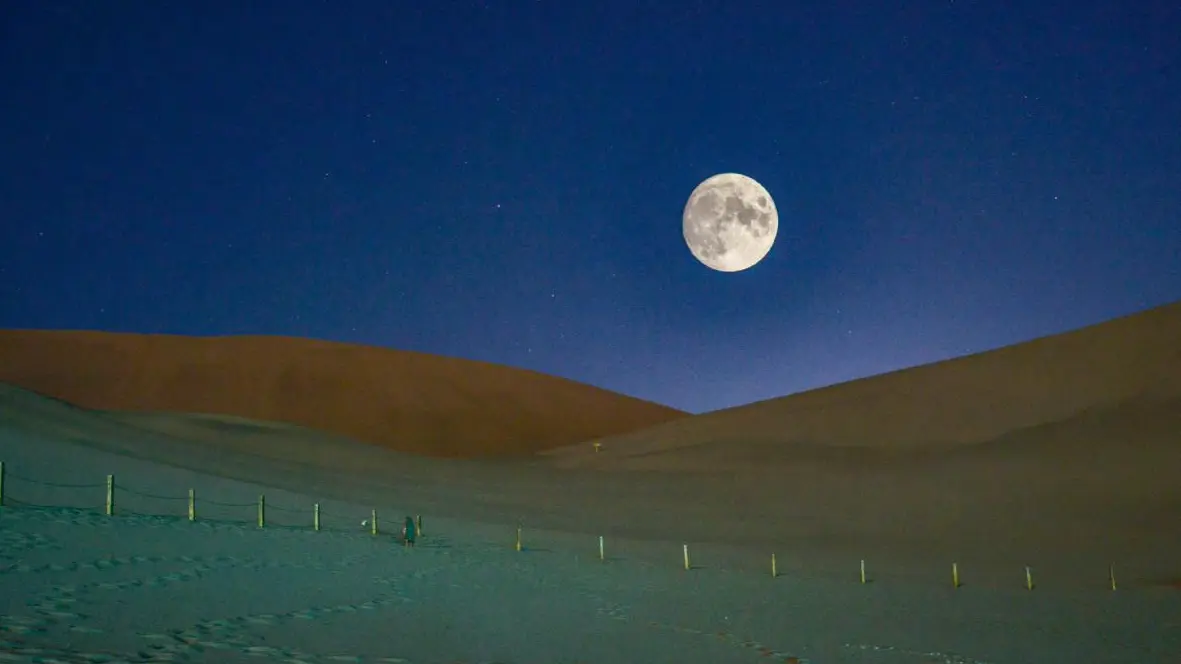 夜晚，一轮满月高悬于沙漠之上，蓝色的天空与绵延的沙丘形成对比，地面上可见脚印和栅栏。