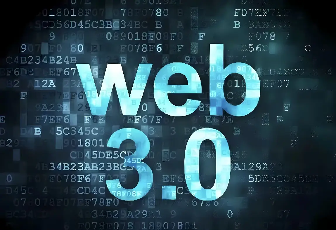 图片展示了蓝色的“Web 3.0”字样,背景是由数字和英文字母组成的矩阵式代码,暗示着下一代互联网技术的概念。