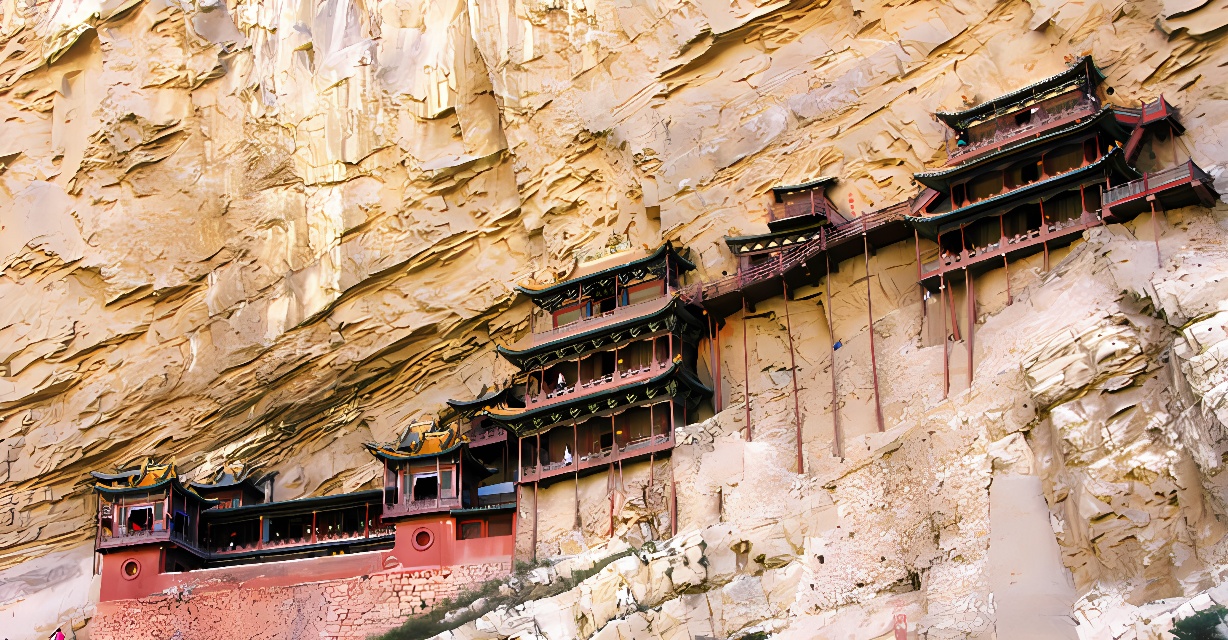 这是一张悬挂在陡峭岩壁上的古代木结构建筑群的照片，建筑色彩鲜艳，与周围的岩石形成鲜明对比。