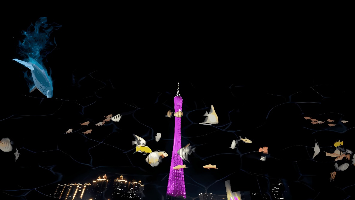 这是一张合成图片，展示了一座被彩光照亮的塔，周围有多个漂浮的蝴蝶和一只巨大的蓝色幻象鲸鱼，背景为夜空。