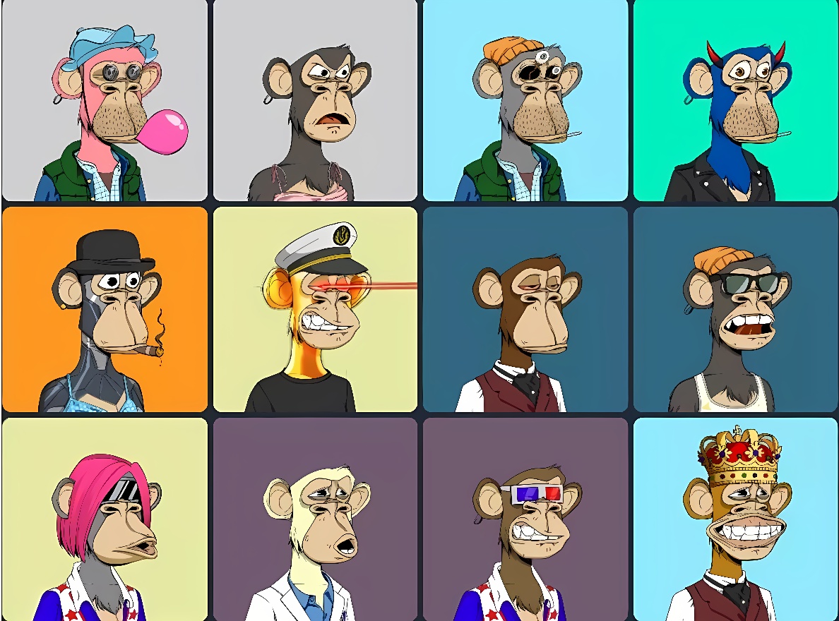 这张图片展示了12个不同风格的卡通猴子头像，每个都有独特的服饰和表情，颜色鲜明，类似于流行的数字艺术收藏品。