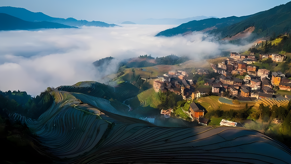 图片展示了梯田上蜿蜒的曲线，村庄坐落于云雾缭绕的山间，景色宁静而美丽。