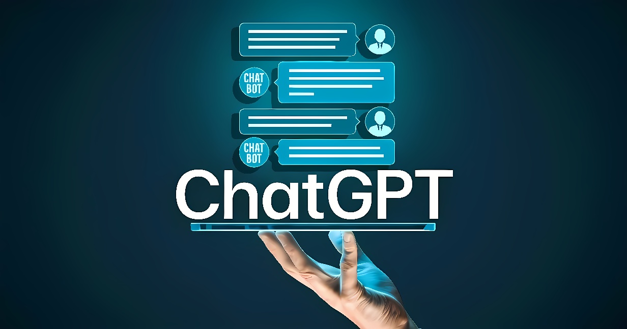 图片展示一只手在触摸“ChatGPT”字样旁边的虚拟屏幕，屏幕上有聊天界面图标和文字气泡。整体给人科技感和交互式对话的印象。