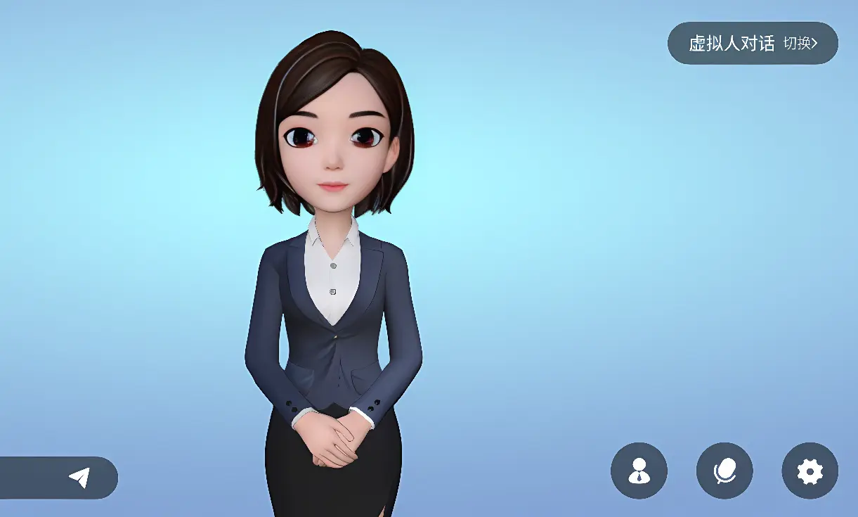 这是一张虚拟角色的3D图像，展示了一个穿着正式的女性角色，有着黑色短发，背景是单色的。