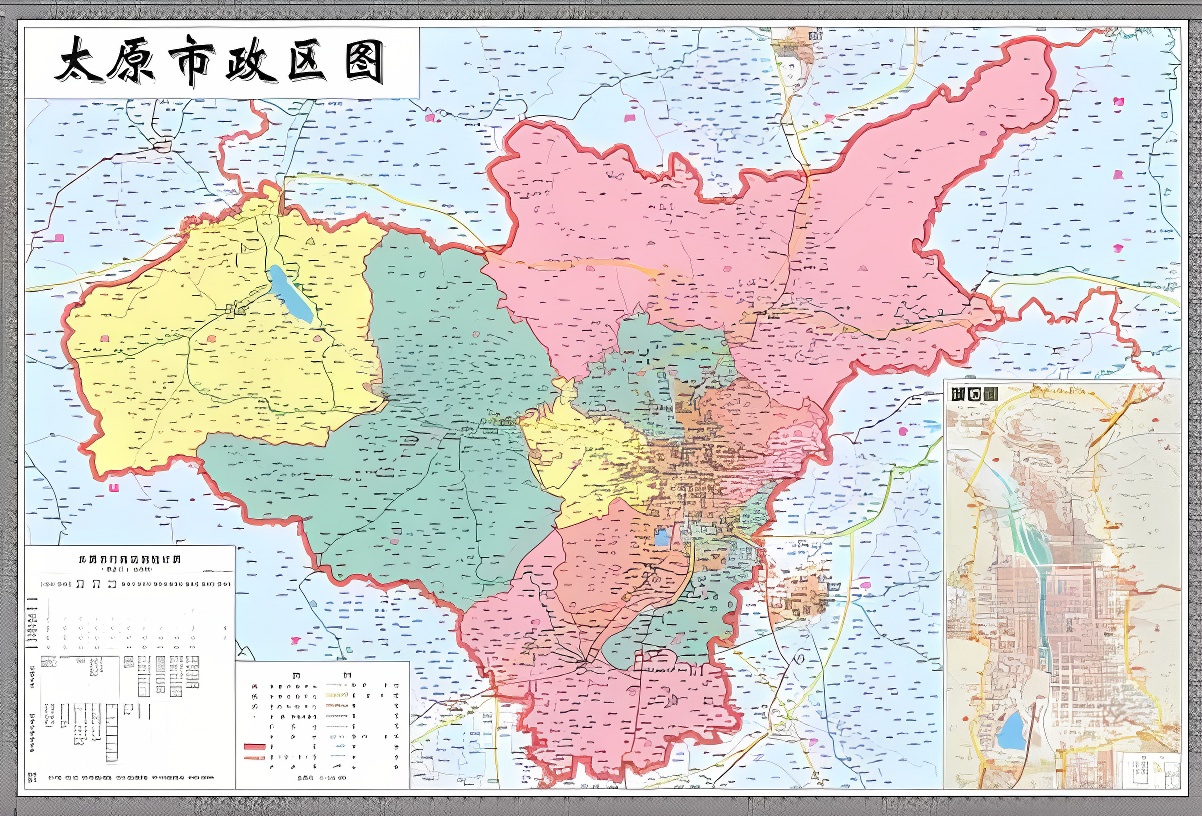 这是一张详细的地图，上面标有不同颜色区域，道路，水系和地名，右下角有图例和缩略图。