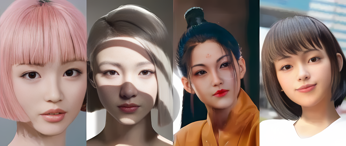 图片展示了四位女性，她们具有不同的发型和妆容，风格多样，从现代到传统，展示了多元化的女性形象。