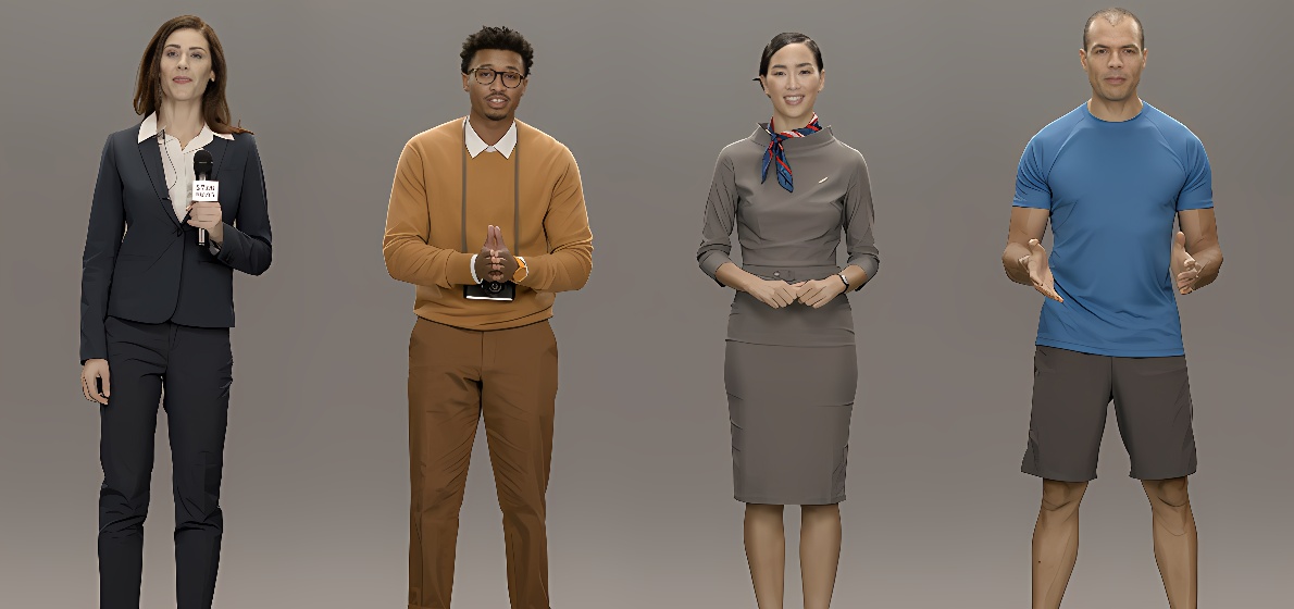 图片展示了四位站立的人物，从左至右依次穿着正装、休闲装、职业装和运动装，代表不同职业或活动的典型着装。