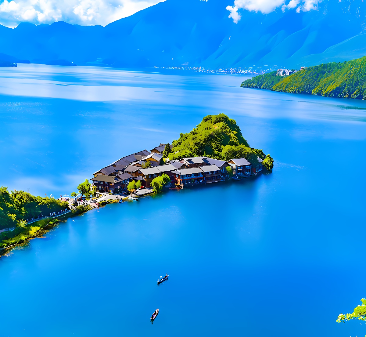 图片展示了一个湖边的小村落，湖水碧蓝，几艘小船在水面上漂浮，周围是葱郁的山峦，景色宁静美丽。