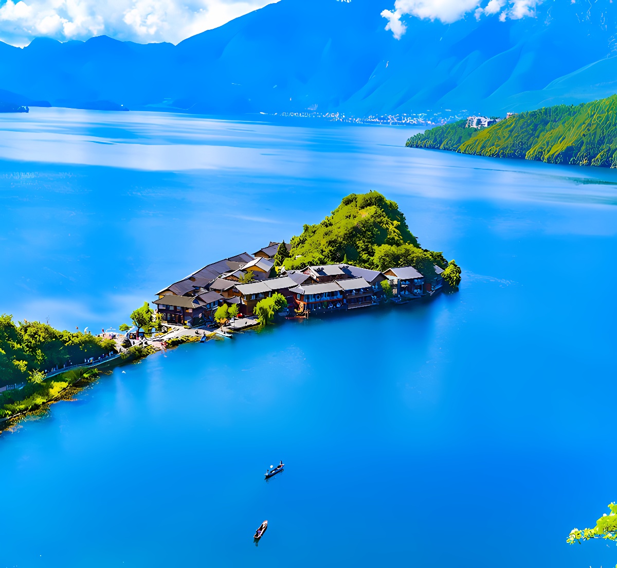 这是一张湖泊风光照片，湖水碧蓝，湖中有一座半岛式建筑群，四周环绕着青翠的山峦，几只小船在水面上航行。