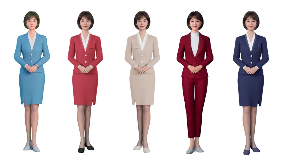图片展示了五位穿着不同颜色职业装的虚拟女性形象，从左至右颜色依次为蓝、红、米、红、蓝，站姿端正，面带微笑。