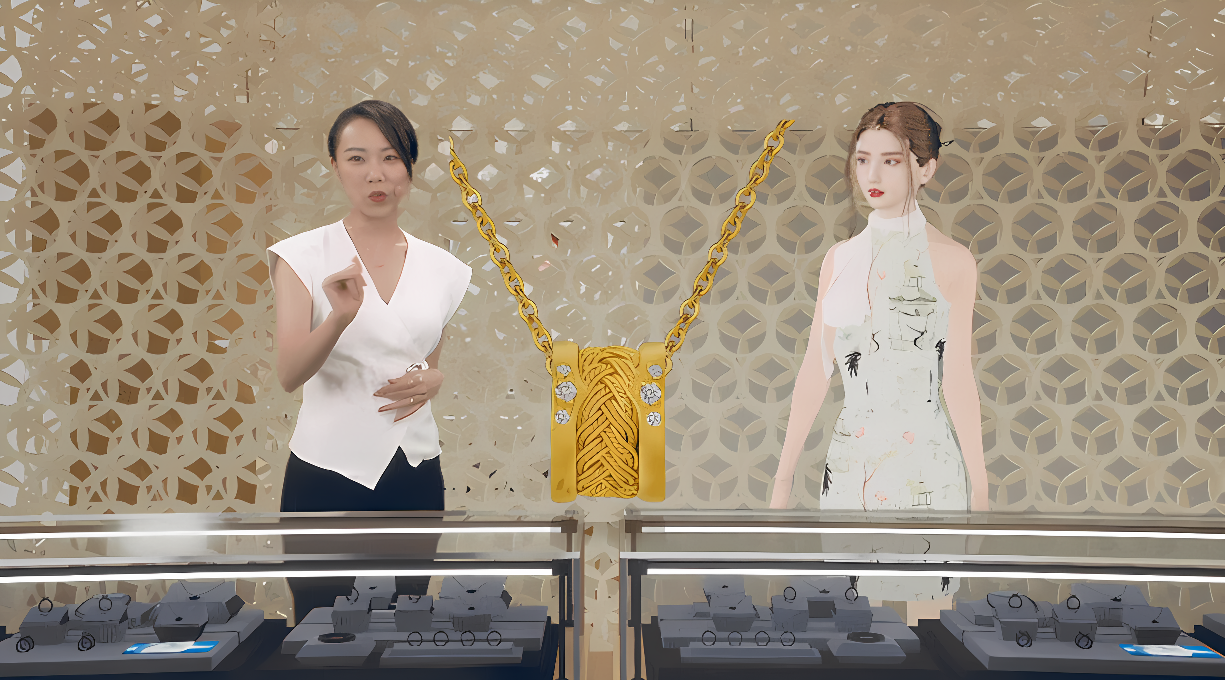 图片展示两位女性站在柜台前，左侧女士手持文件，右侧女士旁边悬挂一只黄色手提包。背景为金色花纹墙面。