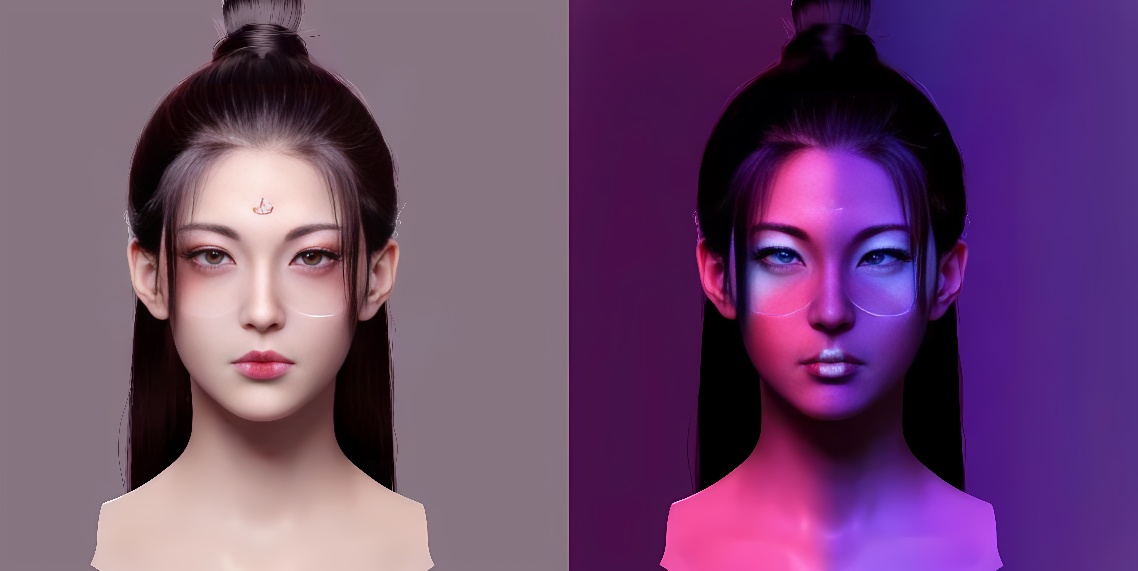 这是两张图，展示同一位女性角色的肖像，左侧为自然光照，右侧为紫色调的神秘光效，增添了未来感。