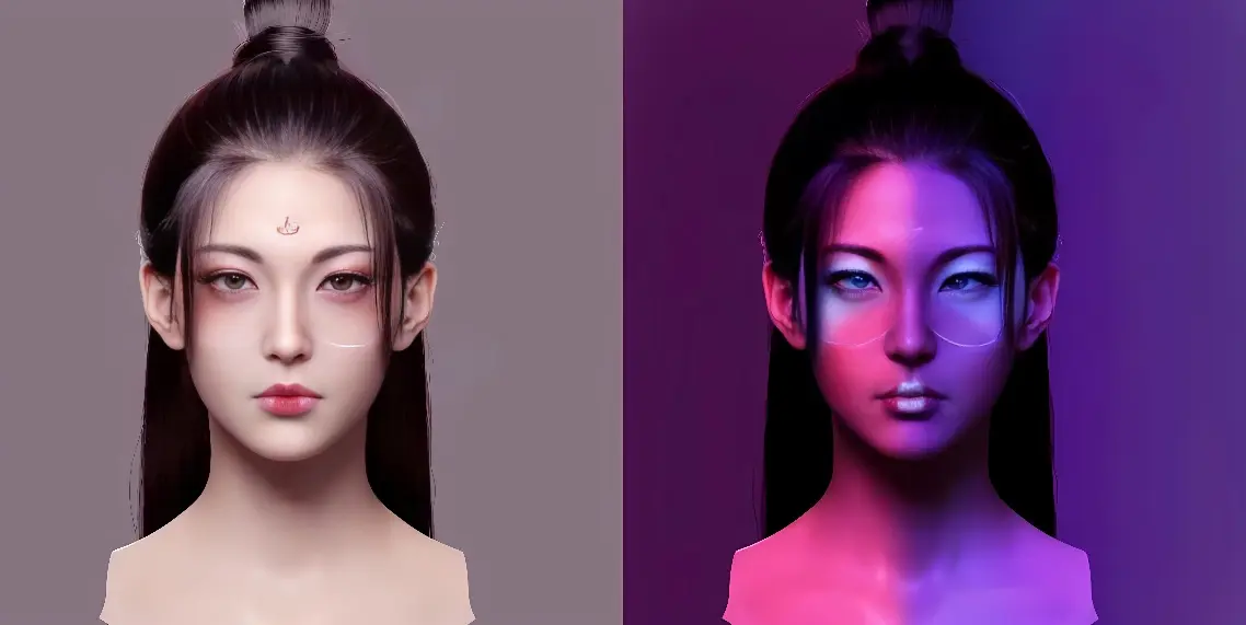 图片展示了两个相似的女性肖像，左侧为自然色调，右侧以紫色调为主，均有东方特征，发型挽起，面部表情平静。