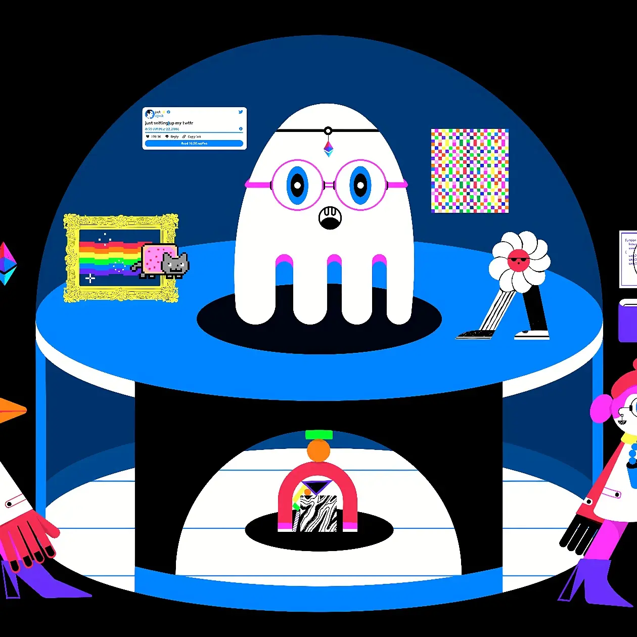 这是一张卡通风格的插图，展示了一个穿着眼镜的白色机器人在一个控制台前，周围是彩色的装饰和两个持有工具的角色。