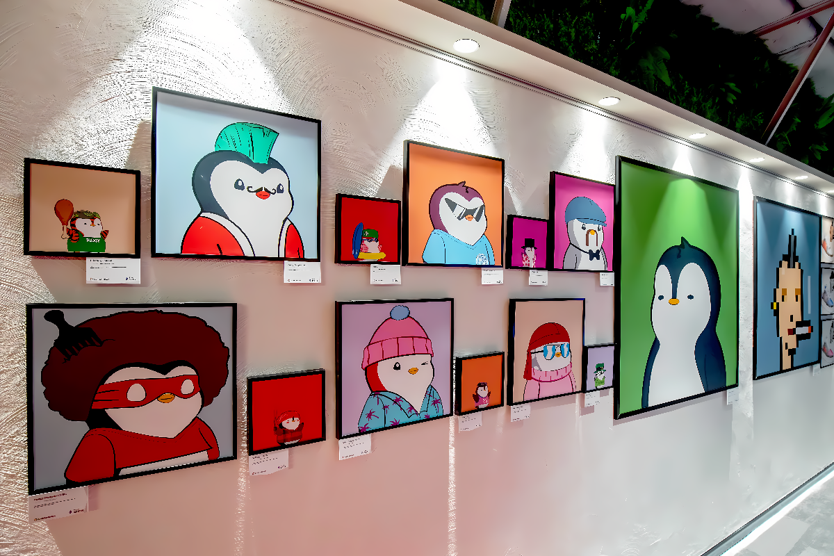 图片展示了一系列挂在墙上的卡通人物画像，每幅画都有自己的框架和下方的标签。