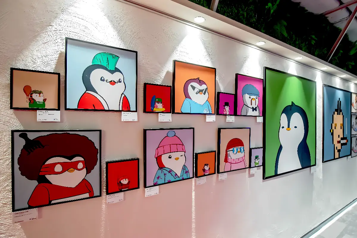 这是一排挂在墙上的卡通风格画作，每幅画框内都有不同的可爱角色，画廊内的照明突出了作品的色彩。