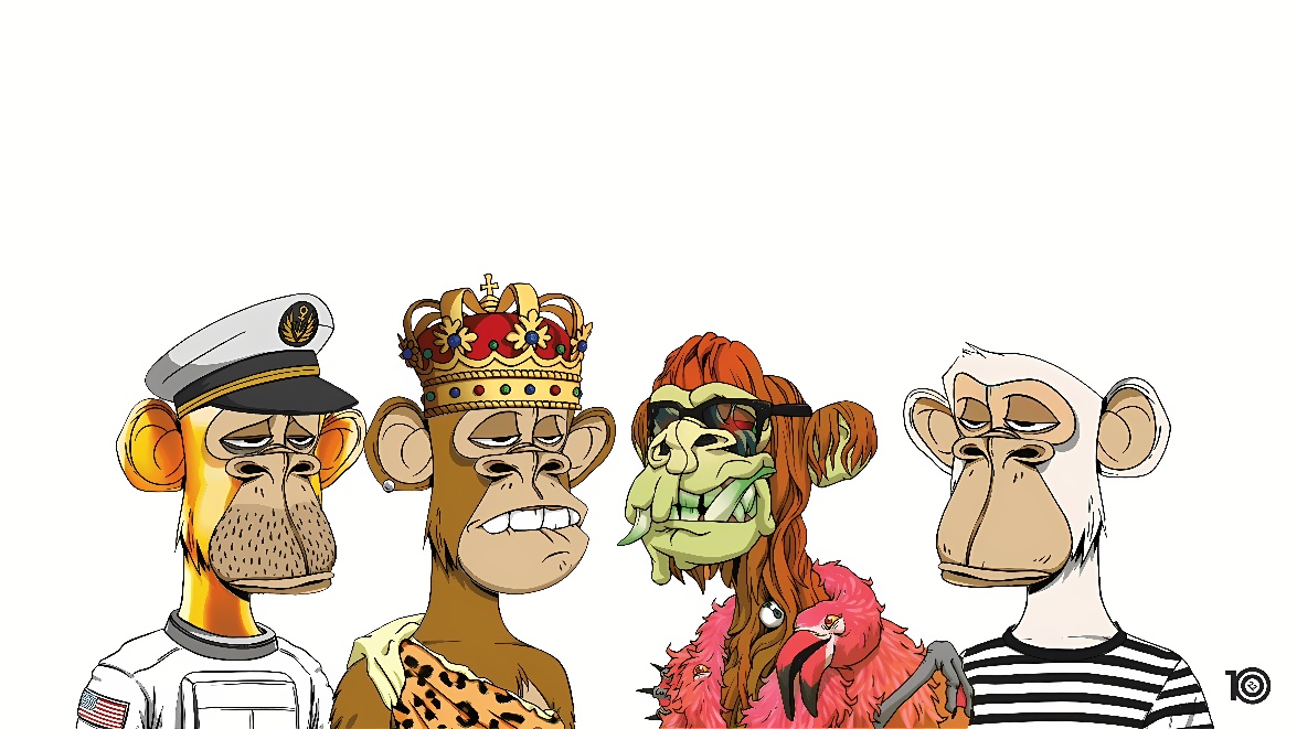 图片展示了四个卡通风格的猴子，分别穿着船长、国王、朋克和囚犯的服装，造型各异，表情丰富。