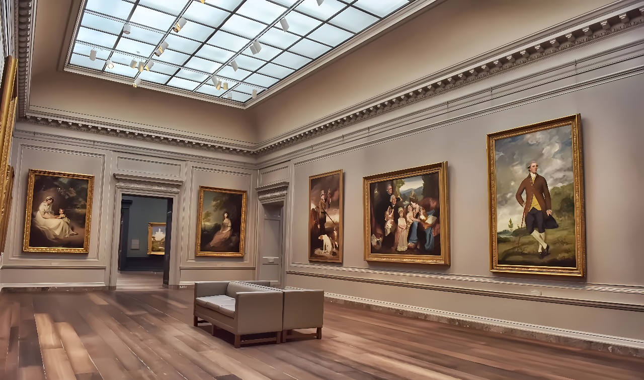 图片展示了一个画廊内部，墙上挂着几幅油画，自然光通过天窗照亮室内，中间放置有一张白色沙发。
