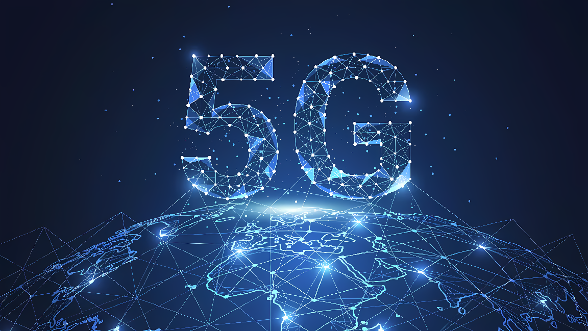 这是一张展示5G技术概念的图片，包含由数字线条构成的“5G”字样，背景为星空和地球网络连接图。