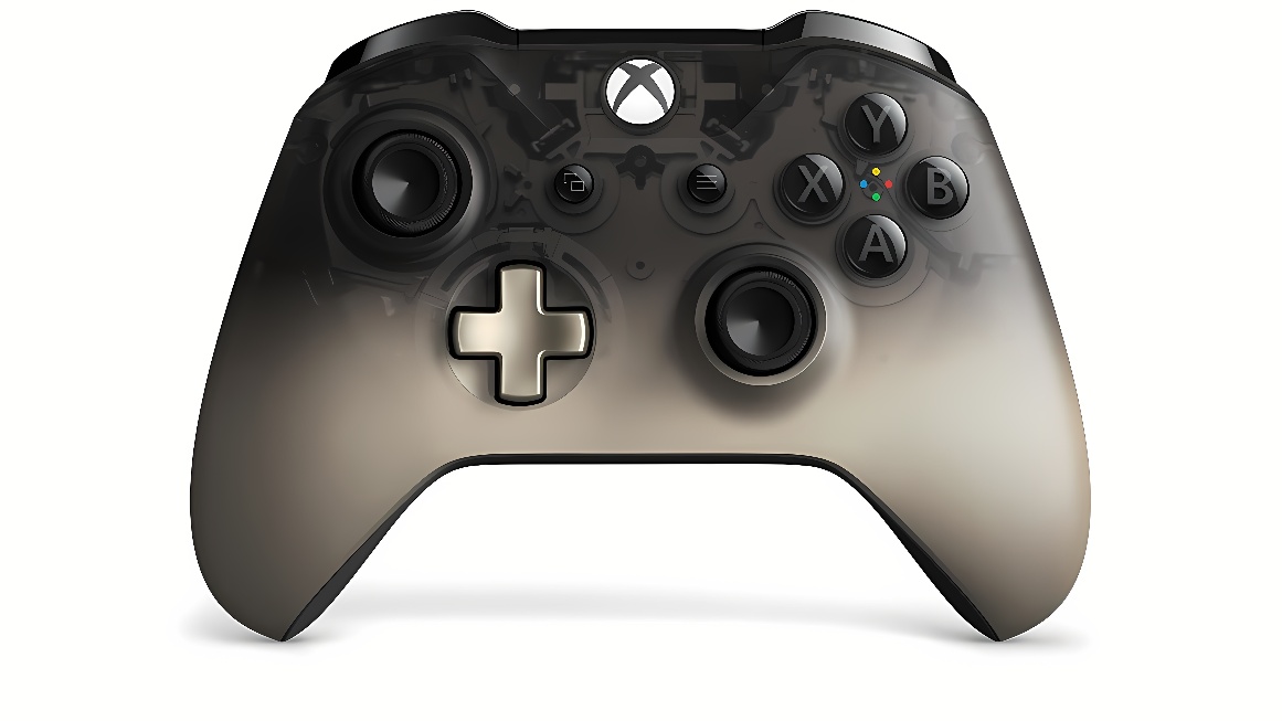 这是一张Xbox游戏手柄的图片，颜色为灰色，有模拟摇杆、方向键和多个功能按键。