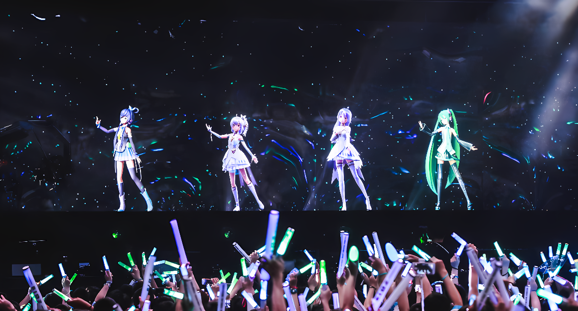 图片展示了一场虚拟偶像音乐会，四位全息投影的角色在台上表演，下方观众挥舞着荧光棒。
