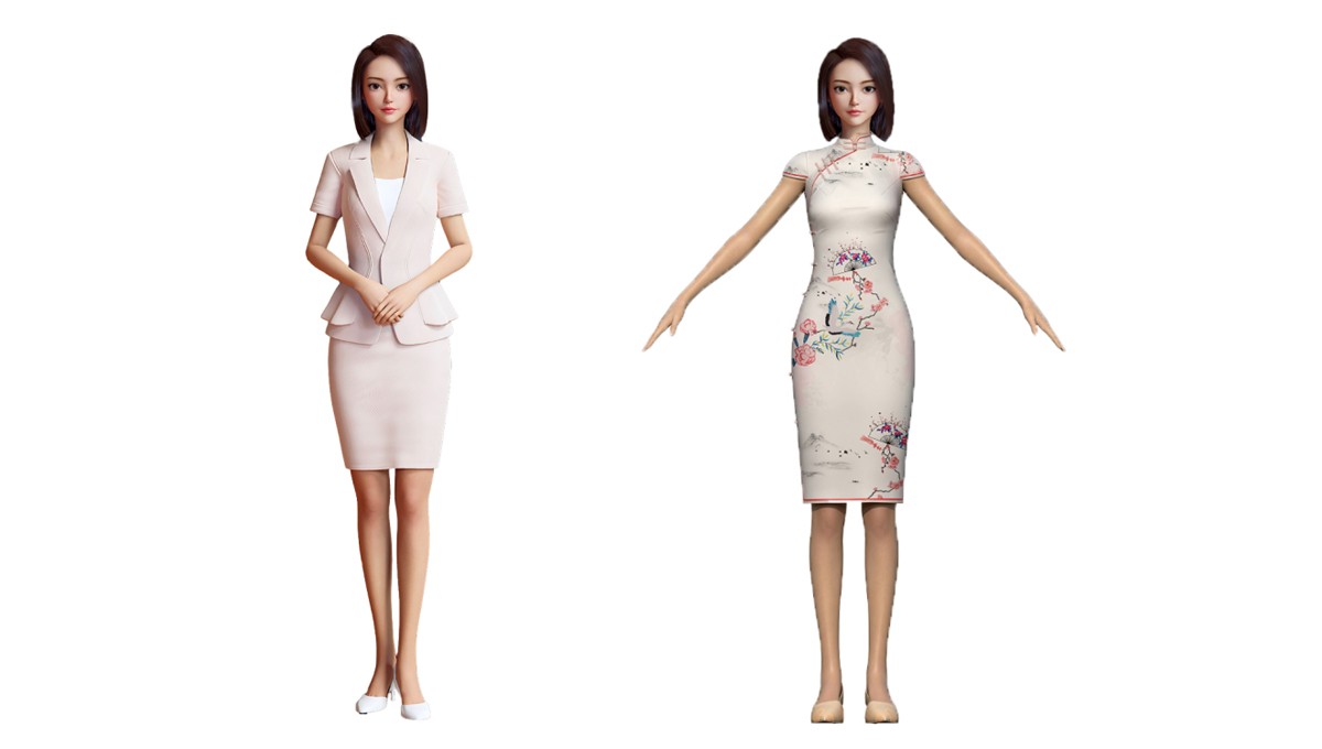 图片展示了两个女性CG角色模型，左侧穿着职业套装，右侧穿着带有花卉图案的中式旗袍，站姿优雅。