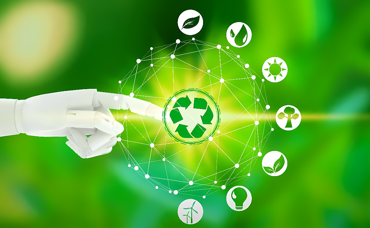 图片展示了一只机器人手指触碰一个光芒四射的循环再用标志，周围环绕着多个绿色生态和可持续能源的图标。