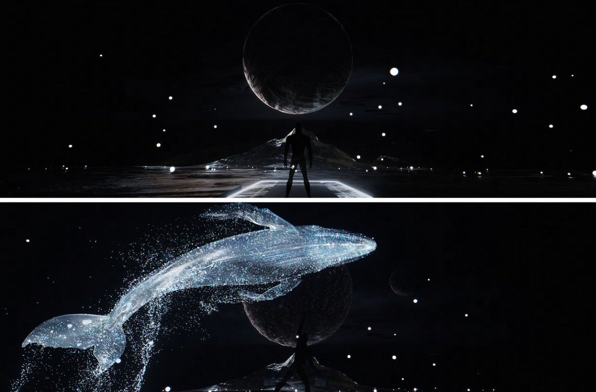 图片展示了两个场景：上部为人物站在光点环绕的暗色调背景前，面对巨大球体；下部为水组成的鲸鱼跃出，背景同样是暗色调。