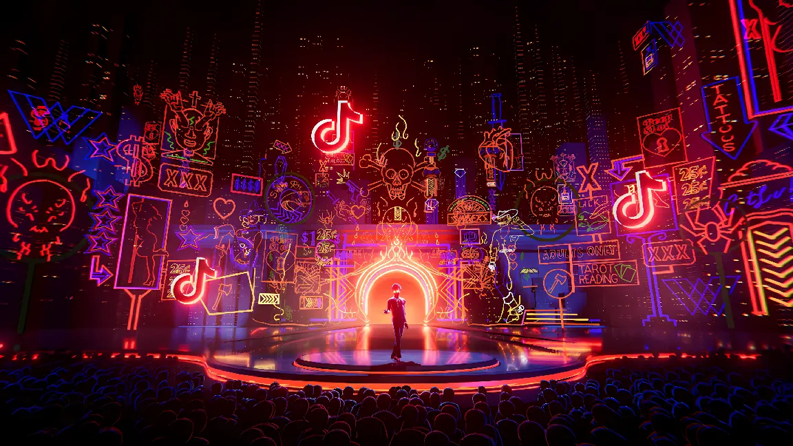 这是一张充满霓虹灯光的现代舞台图片，有歌手在表演，观众在观看，周围装饰有各种图案和社交媒体标志。