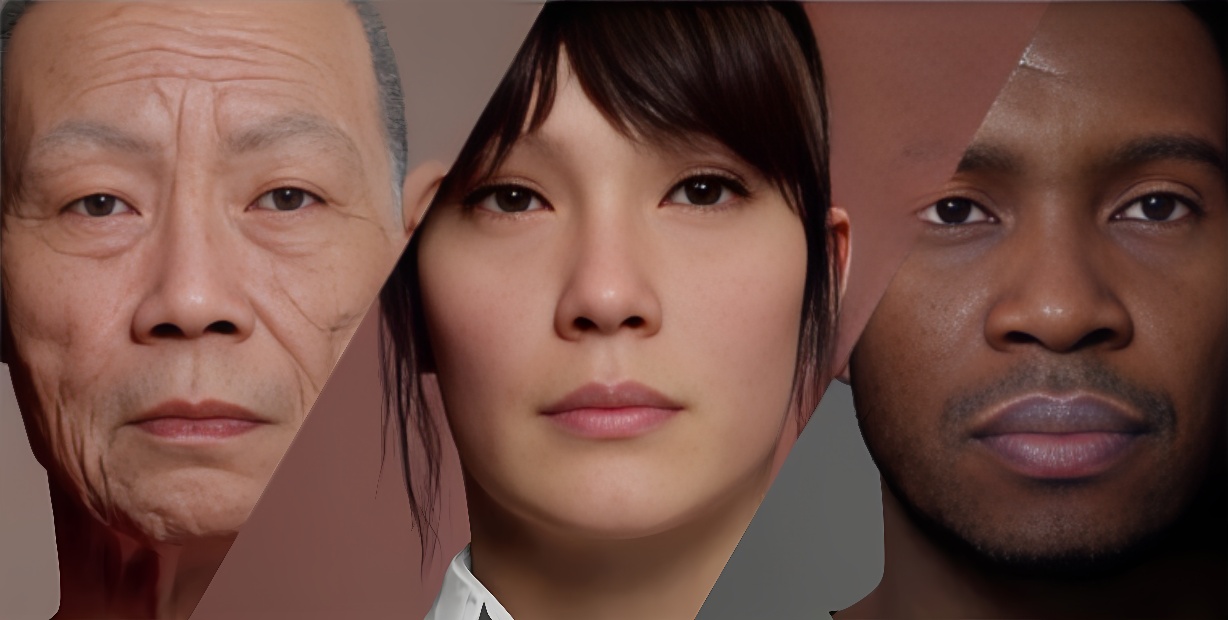 图片展示了三个不同肤色和年龄的人脸特写，从左至右分别是一位老年亚洲男性、一位年轻亚洲女性和一位年轻非洲裔男性。