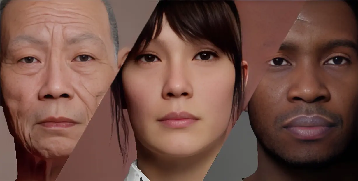 图片展示了三个不同肤色和年龄的人脸特写，从左至右依次为亚洲老年男性、亚洲年轻女性和非洲血统年轻男性。