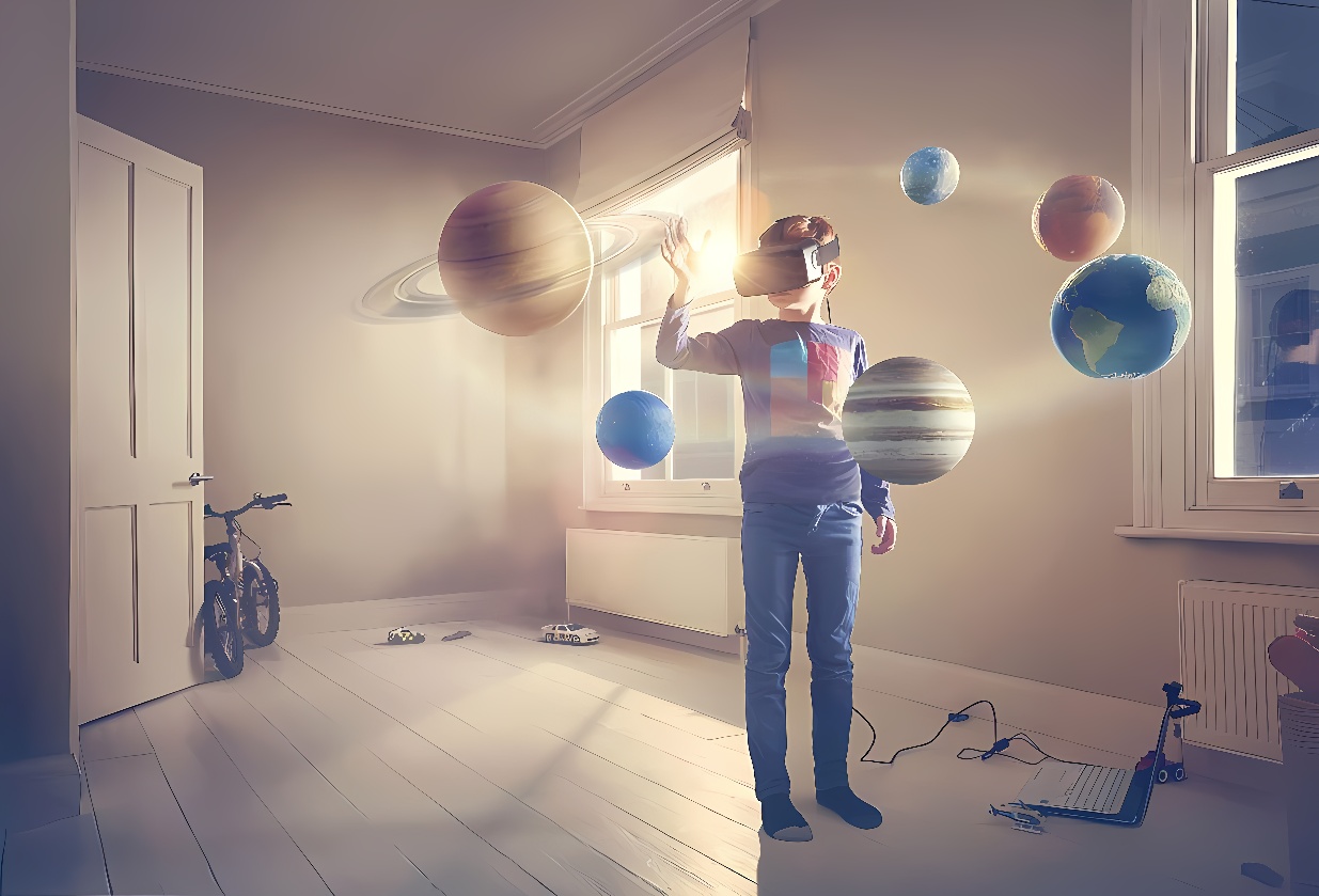 房间内，一个孩子戴着VR眼镜，周围漂浮着太阳系各行星的3D图像，地上散落着玩具和自行车。