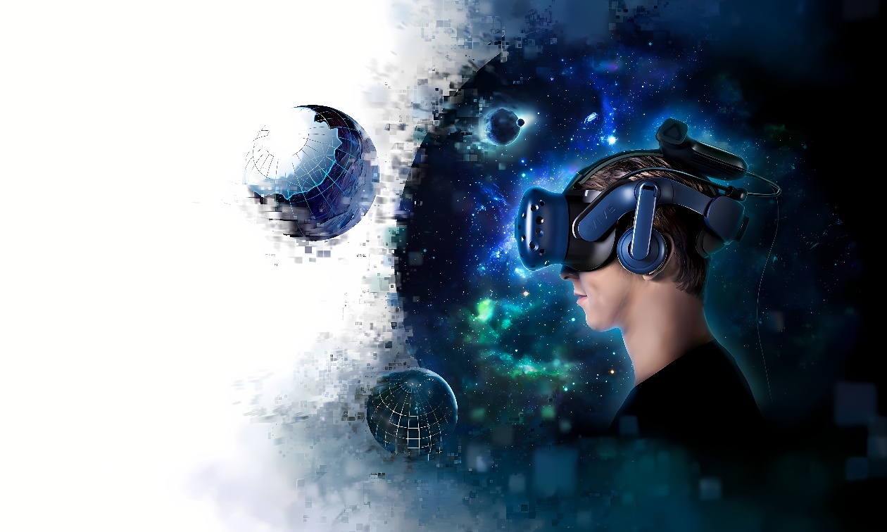 图片展示了一个人戴着虚拟现实头盔，背景是星空和地球，给人一种科技感和未来世界的虚拟体验。